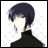 A 48x48 pixel buddy icon split into two sections: a left-side anime-style character with dark hair and a black top against a white background, and a right-side section with stylized text on a black background.