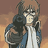 Anime-style character with brown hair and glasses holds a black handgun, firing a white muzzle flash that expands across frames.