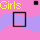 Pixelated graphic with pink and purple background, yellow text repeating 'Girls just wanna have', black squares, and a small dancing figure.