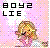 Pixelated static icon with pink background featuring text "BOY 2 LIE" and a cartoon girl in swimsuit-like outfit, surrounded by colorful pixel dots.