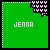 Green square icon with pink text 'JENNA' and pixelated pattern in top-right corner, showing animation change where the pattern shifts position across frames.
