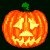 Two pixelated orange pumpkins with green stems side-by-side on black background, each carved with distinct facial expressions in a static contact sheet format.