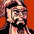 Pixelated static icon of a bearded man with glasses against an orange background, rendered in red and black tones on a 256x256 canvas.