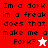 Pixelated text reads "Im a dork im a freak does that make me a Fork?" with white and red star icons on red and white backgrounds.