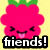 Pixelated pink character with green top, closed eyes, and tongue out above 'friends!' text on yellow background.