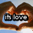 A heart-shaped hand gesture forms against a blue sky with white clouds, displaying text that changes from 'its love' to empty.