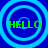 Four identical blue circular icons with light blue concentric rings, each containing green text reading HELLO on a solid dark blue background.