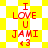 Red text on yellow and white backgrounds displays "I LOVE U JAMI <3" in two distinct animated patterns with shifting geometric shapes.