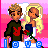 Pixelated image of two figures standing side-by-side against a pink background, one holding red roses.