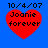 Four identical red heart-shaped icons with black text "Joanie forever" and date "10/4/07" on a blue background, arranged in a