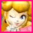 Pixelated image of a character with blonde hair and closed eyes, next to text variations of 'Princess Peach' in pink and black lettering on a light background.