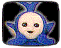 Four Teletubbies characters in rounded square frames with black backgrounds, each in distinct colors and poses.