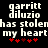 Pixelated text displays 'garritt diluzio has stolen my heart' with red hearts below, on a black background.