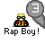 Pixelated character with yellow hair and black glasses wears red-yellow-green jacket; gray speech bubble shows white '3'; text below reads 'Rap Boy!' in pixel font.