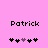 Pink background with black text 'Patrick' above two of pixelated symbols, one showing a purple symbol among black ones