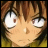 Pixelated anime-style character face with wide eyes and brown hair, next to stylized text on black background.