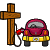 Pixelated image of a wooden cross with a fuel pump nozzle attached, next to a pink car with yellow accents on gray background.