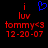 Red pixelated text and a blue heart symbol on black background, with two identical static frames showing 'i luv tomy<3 12-20-07' below the heart.