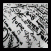 Static black-and-white image with dense overlapping text fragments and abstract shapes on a light background.