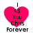 A pink heart-shaped icon with black text reading "I <3 YUU Chris Forever" arranged vertically, displayed in a of four identical copies