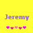 Yellow background with purple text 'Jeremy' and five pink heart icons below, two variations of the hearts are visible.
