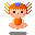 Pixel art character with orange hair and blue hair accessory in various poses including seated, meditative, and arm-extended positions.