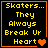 Four identical pixel-art display yellow text on black background with orange borders, each containing the phrase "Skaters... They Always Break Ur Heart" and a heart symbol