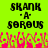 Pixelated text on bright green background with pink and yellow animated lower section