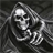 Pixelated grayscale image of a skeletal figure with long hair, hooded cloak, and visible ribcage against dark background.
