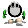 Animated character with black circular head, white face, green arms, and beige feet in various poses.
