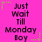 Bright pink background with repeated text "Just Wait Till Monday Boy" in black pixelated font, surrounded by green and brown star-shaped sparkles.