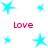 A static image displays multiple cyan star icons arranged around four instances of the word "Love" in pink text on a white background.