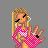 Pixel art of a blonde woman in pink checkered outfit with closed eyes and raised hand, surrounded by gray with text fragments