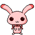 Pixel art contact sheet of two pink bunny character frames with red-tipped ears and simple expressions on gray background