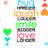 A vertical stack of pixelated text and symbols in blue, orange, green, and pink on a white background with surrounding small icons.