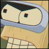 Close-up of a cartoon character's face with large yellow eyes, black pupils, and a grid-patterned mouth, set against a light blue and beige background.