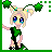 Animated contact sheet of 10 pixel art frames showing a green alien character transforming through multiple states with text effects and pose changes.