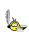 Yellow circular character with black antennae and eyes, holding a silver chainsaw-like object against gray background.