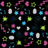 A static grid of pixelated icons in pink, green, blue, white, and dark teal on a black background with no visible text or distinct subjects.