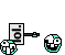 Pixelated icons display a teal-and-white skull face and black-handled signs with 'lol.' text on gray background.