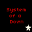 Red pixelated text "System of a Down" appears above two star-shaped icons on black background, one white and one gray.