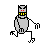 A gray robot with red eyes and yellow mouth grapples a colorful jester, then plays guitar while the jester lies on its back.