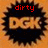 Three identical circular icons with spiky black borders display red text above 'DGK' on an orange background.
