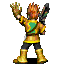 Pixelated character with orange hair and green-yellow armor stands with arms raised, left arm slightly higher than right.