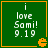 Green square with orange border displays white text 'i love Sami! 9.19' and orange Pac-Man icon; four identical frames show slight animation change in Pac-Man mouth.