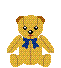 A 4x3 contact sheet of a yellow teddy bear animation with blue bow tie, showing various poses across 12 frames on gray background.