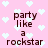 Pink background with white heart patterns and brown text reading 'party like a rockstar' in pixelated font.