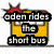 Pixelated icon shows yellow bus with black text 'modern ideas' above and 'the short bus' below, red crown on top.