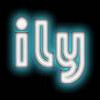 Neon-style text 'ily' in white with cyan glow on black background, rendered with pixelated blur effect.