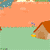 Animated pixel art of a white dog with brown patches running toward a brown doghouse on a green lawn under an orange sky.
